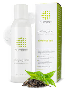 humane clarifying toner front bottle showing packaging and size benefit: clear presentation