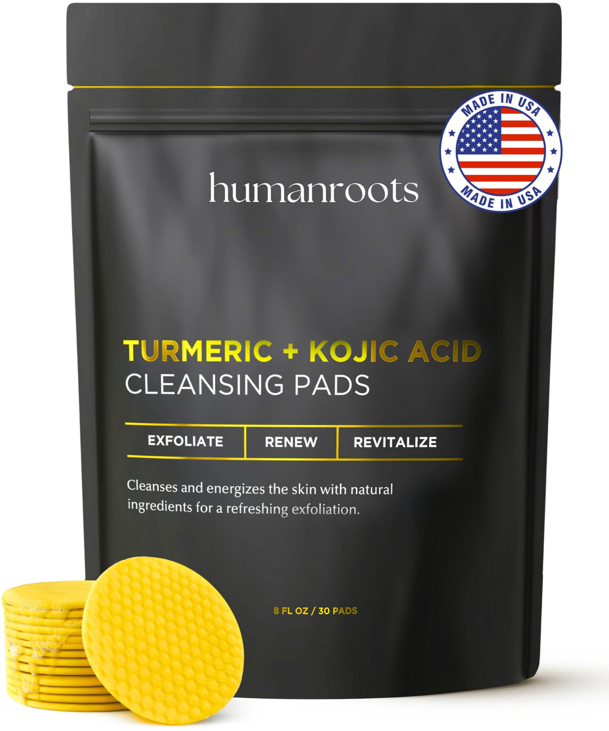 humanroots front packaging showing turmeric kojic acid pads and benefits