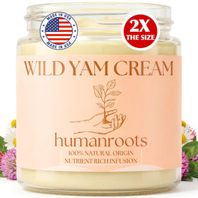 humanroots jar front showing wild yam cream and organic label benefit gentle support
