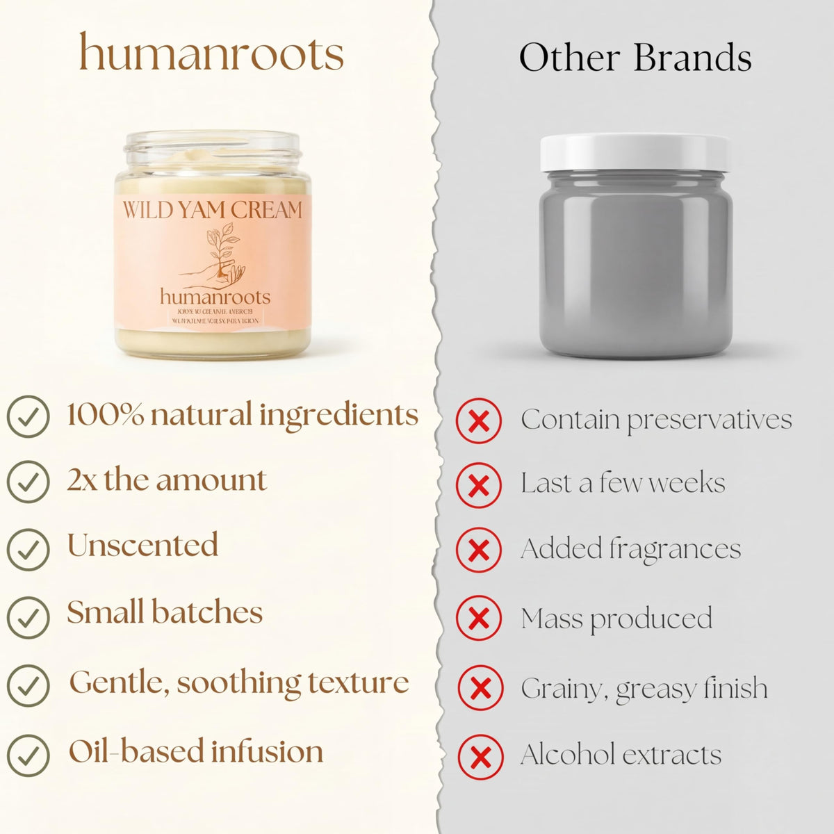 humanroots label closeup showing ingredient list and handcrafted small-batch benefit