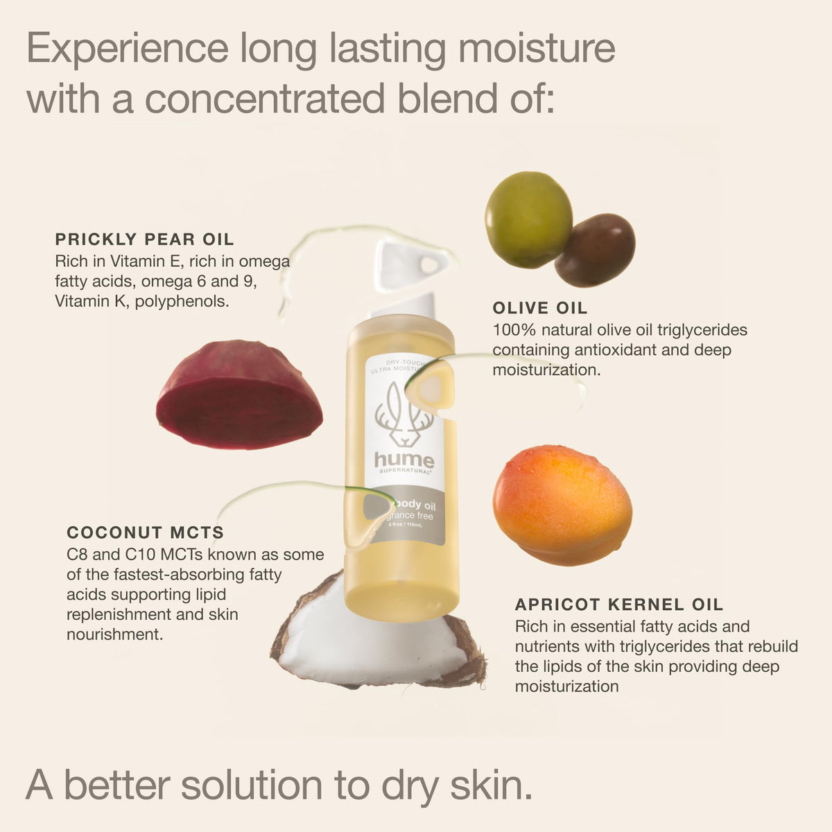 HUME SUPERNATURAL ingredient display with prickly pear and apricot kernel oils benefits