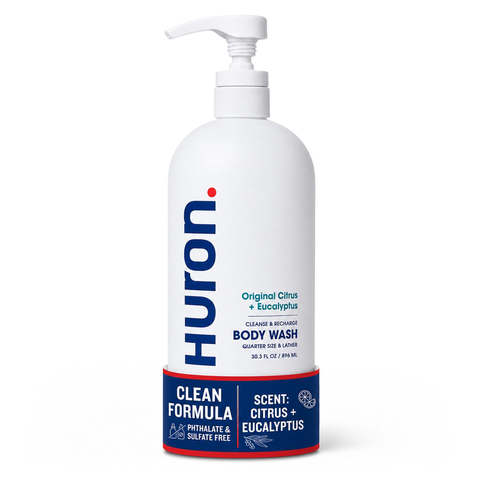 Huron front bottle shows clean label and citrus eucalyptus scent benefit