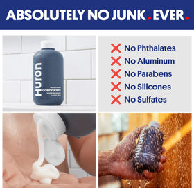 Huron bottle staged in shower showing daily use convenience and water-resistant pump