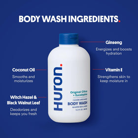 Huron bottles staged in bathroom lifestyle for ready-to-use daily routine