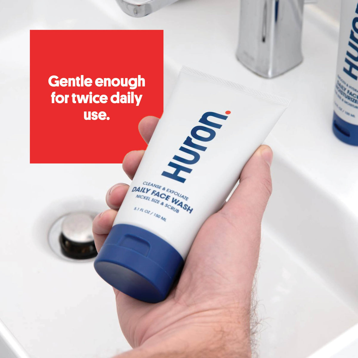 Huron face wash in shower being used to remove oil and refresh skin