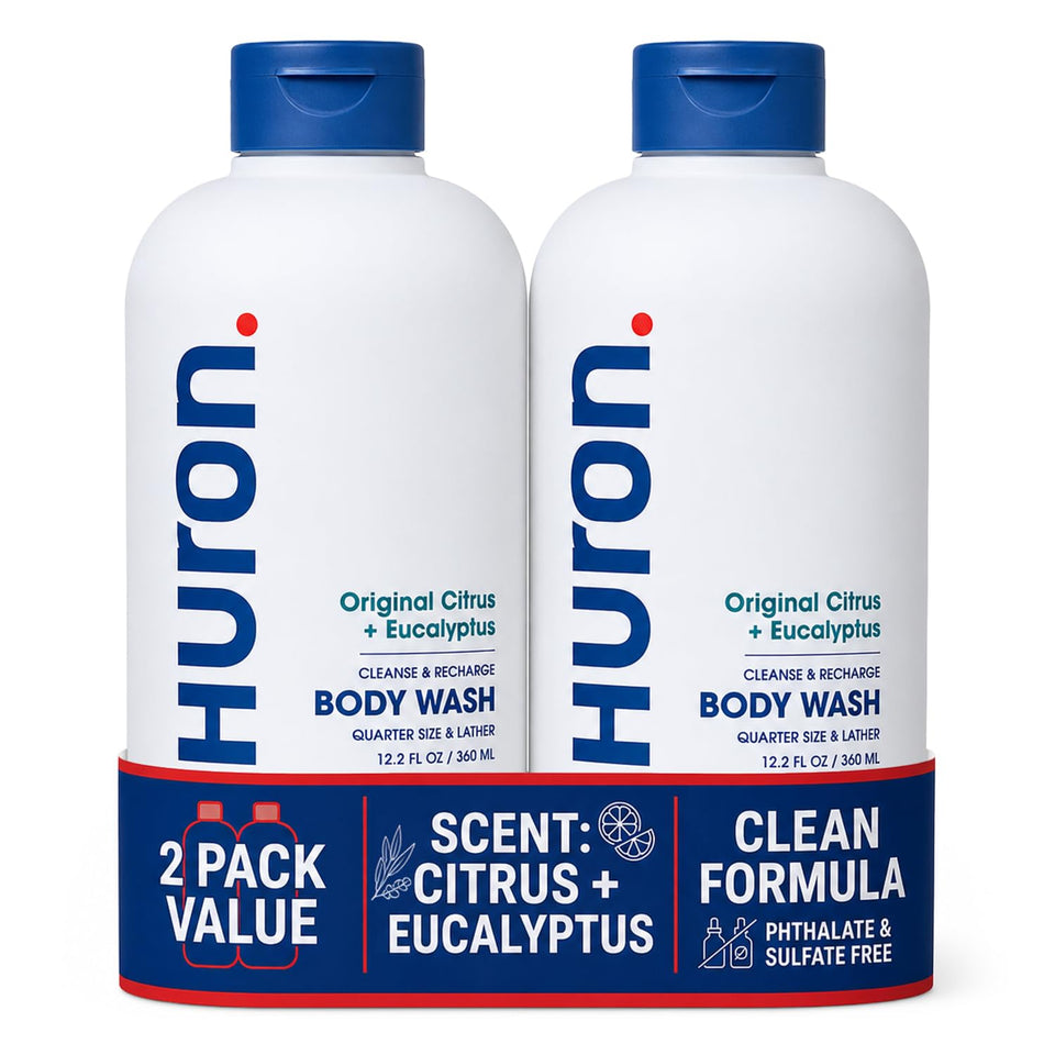Huron front bottles showing pack of two with clean design and benefit