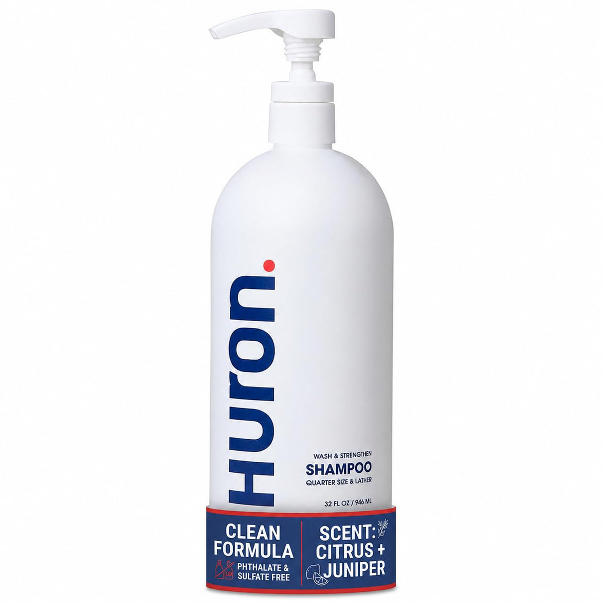 Huron front label on 32 fl oz bottle showing clean ingredients and scent benefit