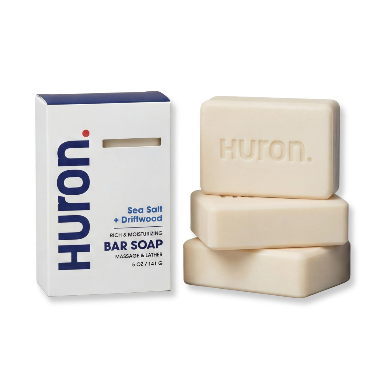 Huron front packaging showing sea salt driftwood scent and pack benefits