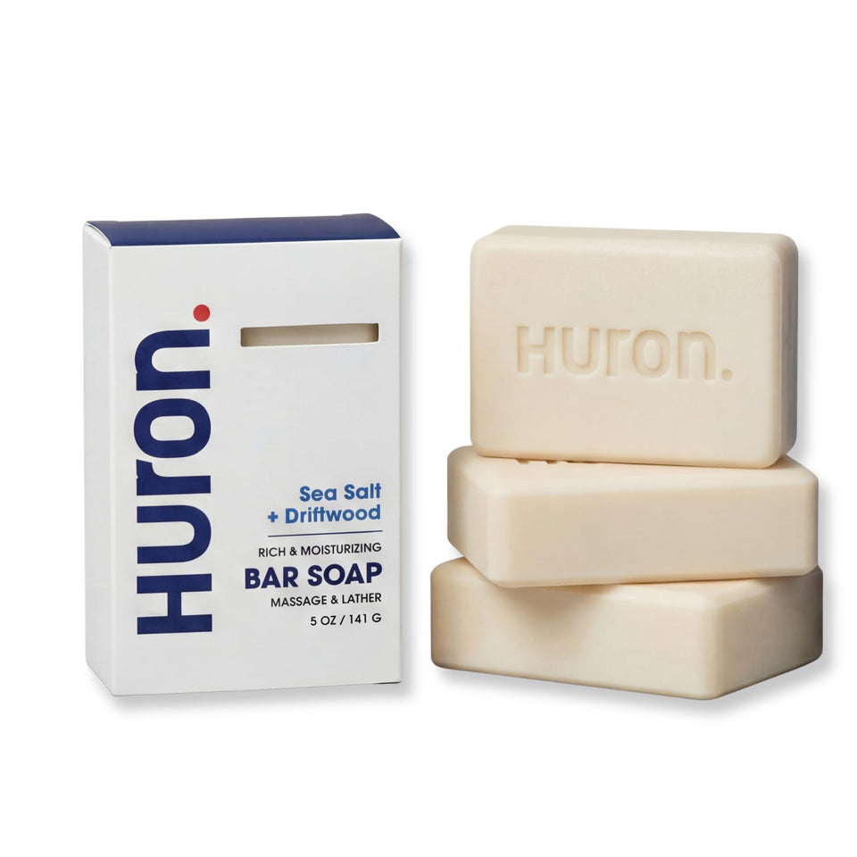 Huron front packaging showing sea salt driftwood scent and pack benefits