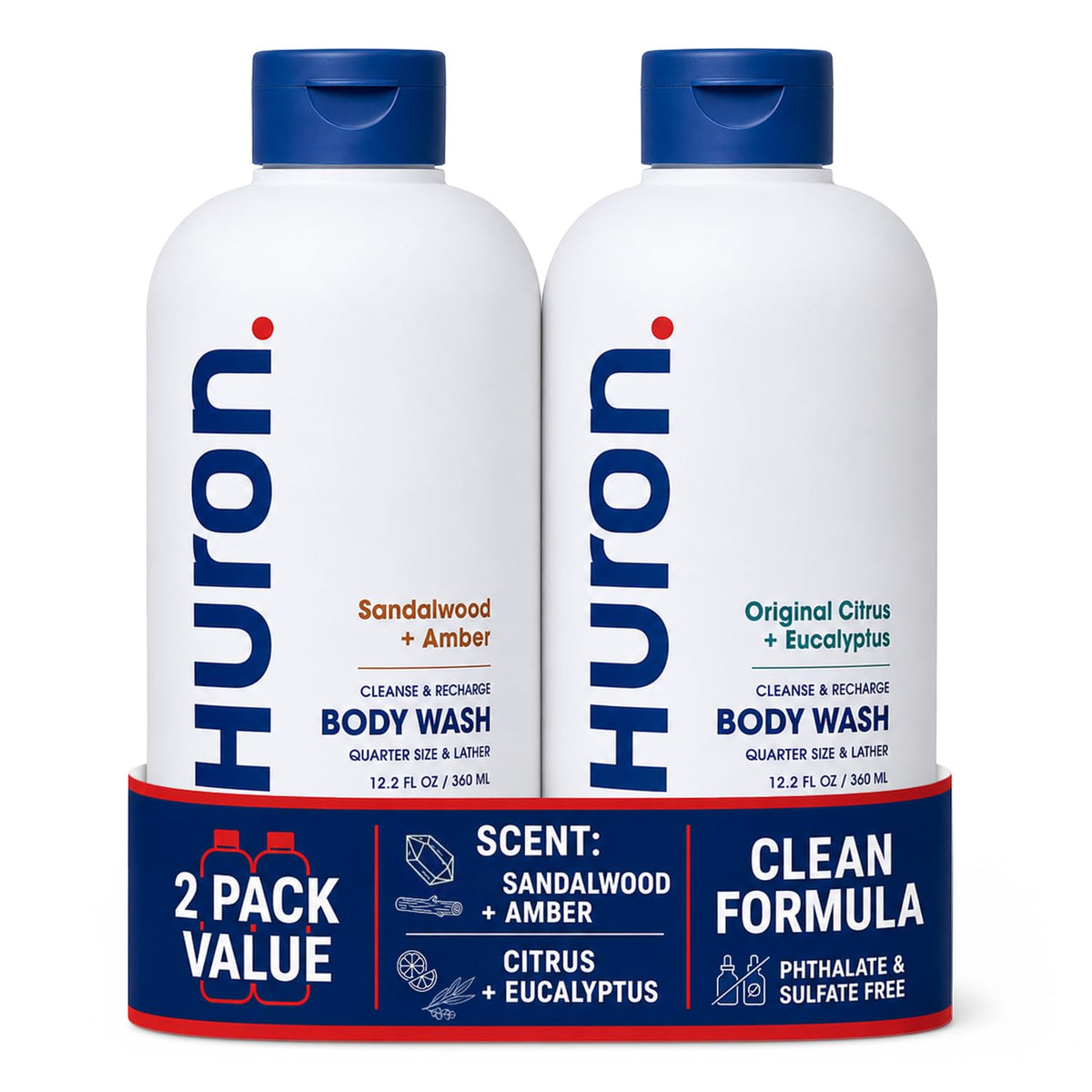 Huron front packaging Sea Salt Driftwood showing refreshing scent and clean formula benefit