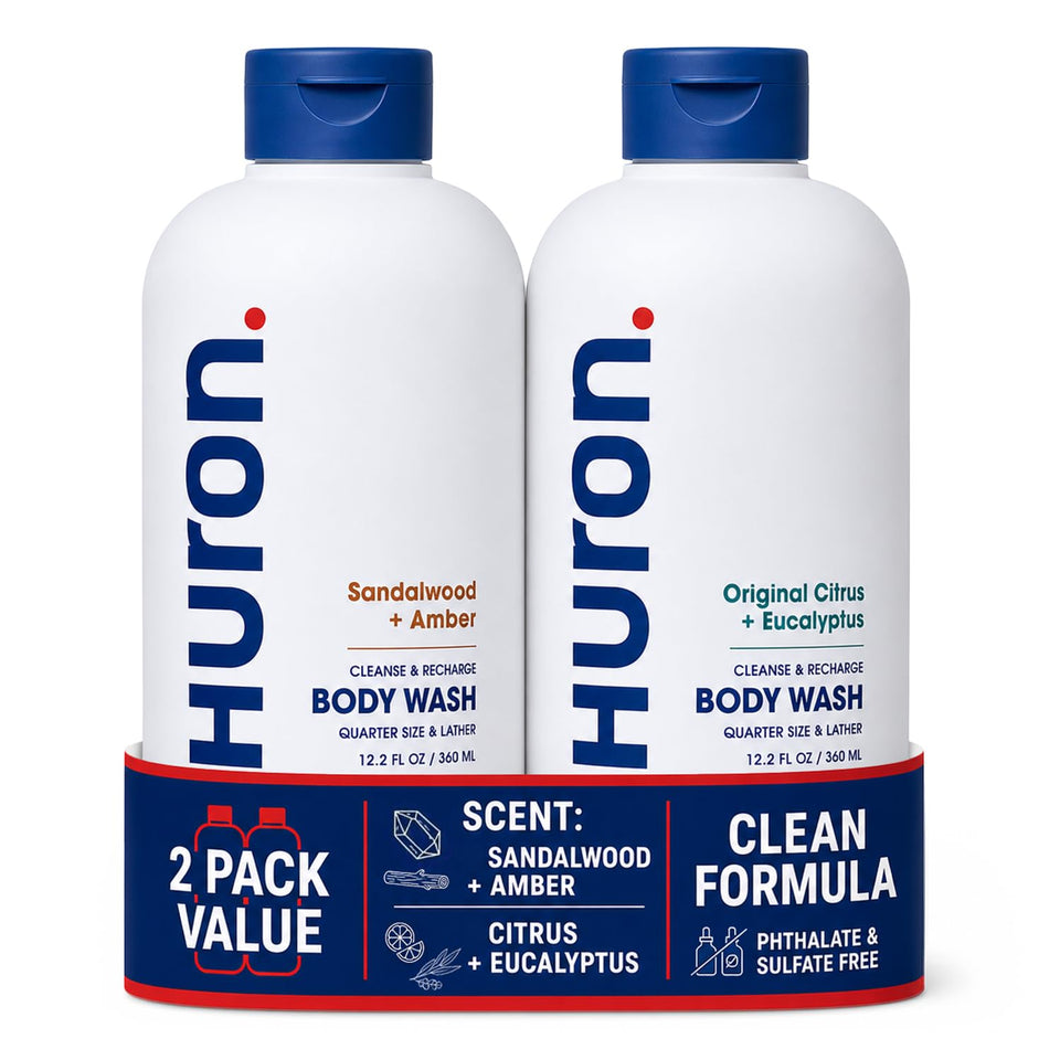 Huron front packaging Sea Salt Driftwood showing refreshing scent and clean formula benefit