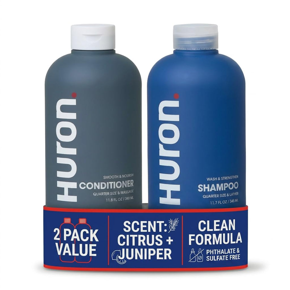 Huron front packaging showing shampoo and conditioner for daily hydration