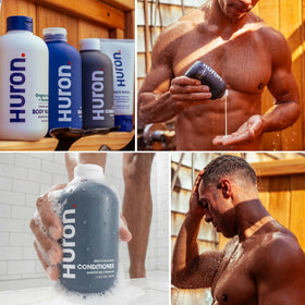 Huron bottle beside common items illustrating 11.8 fl oz size and travel planning