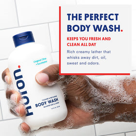 Huron pump and label detail highlighting clean ingredients and easy dispensing