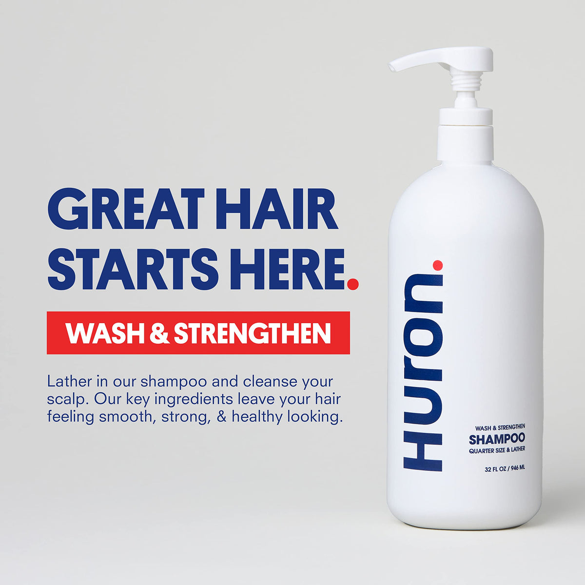 Huron pump close-up with shampoo texture demonstrating easy dispensing and hydration