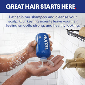 Huron pump close-up showing bottle texture and easy dispensing benefit