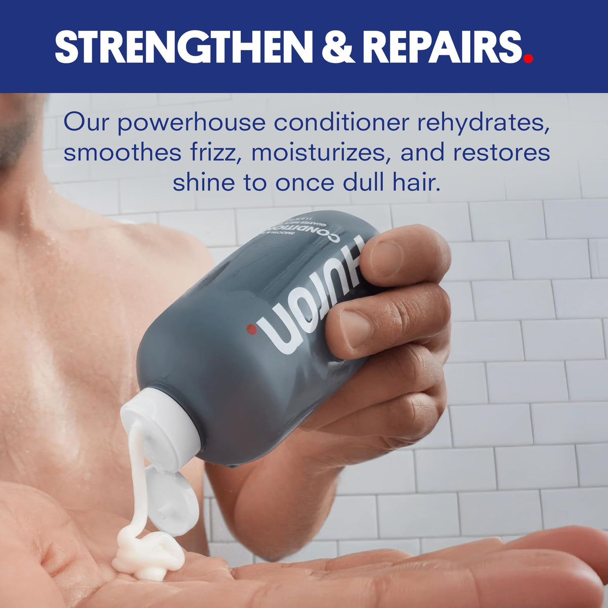 Huron conditioner texture dispensed on palm showing creamy, non-greasy hydration