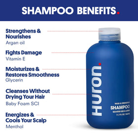 Huron shampoo poured into palm to show lightweight texture and hydration