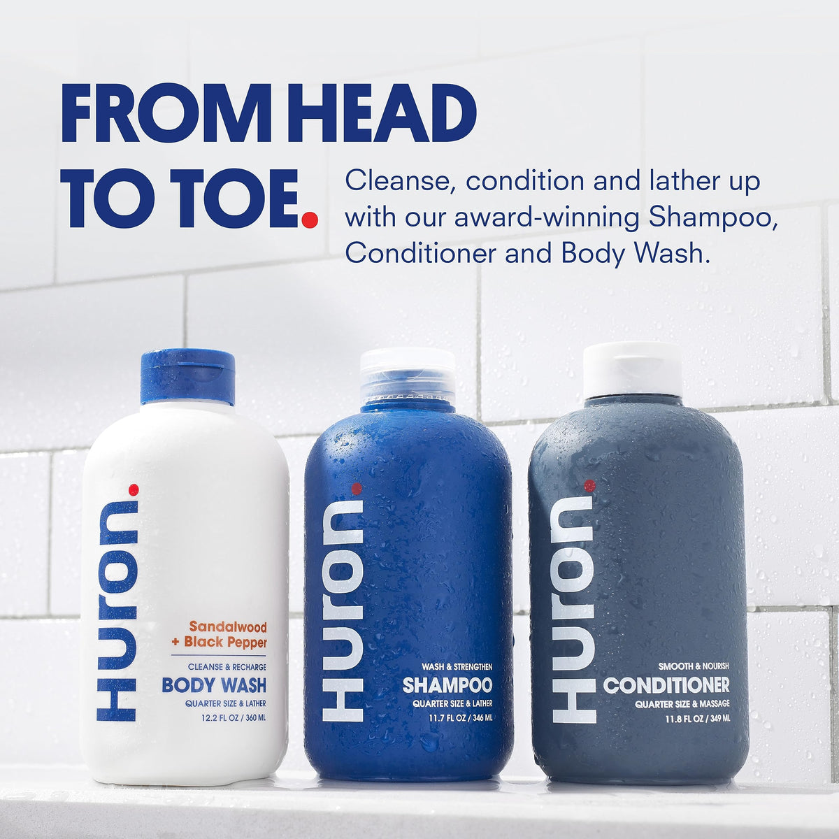 Huron shampoo pump closeup demonstrating easy dispensing for efficient showers