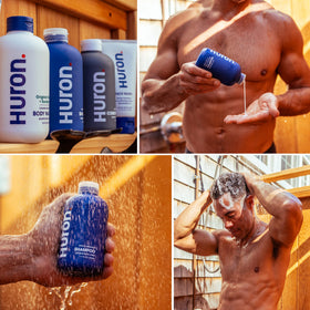 Huron bottles on bathroom shelf for size comparison and everyday convenience