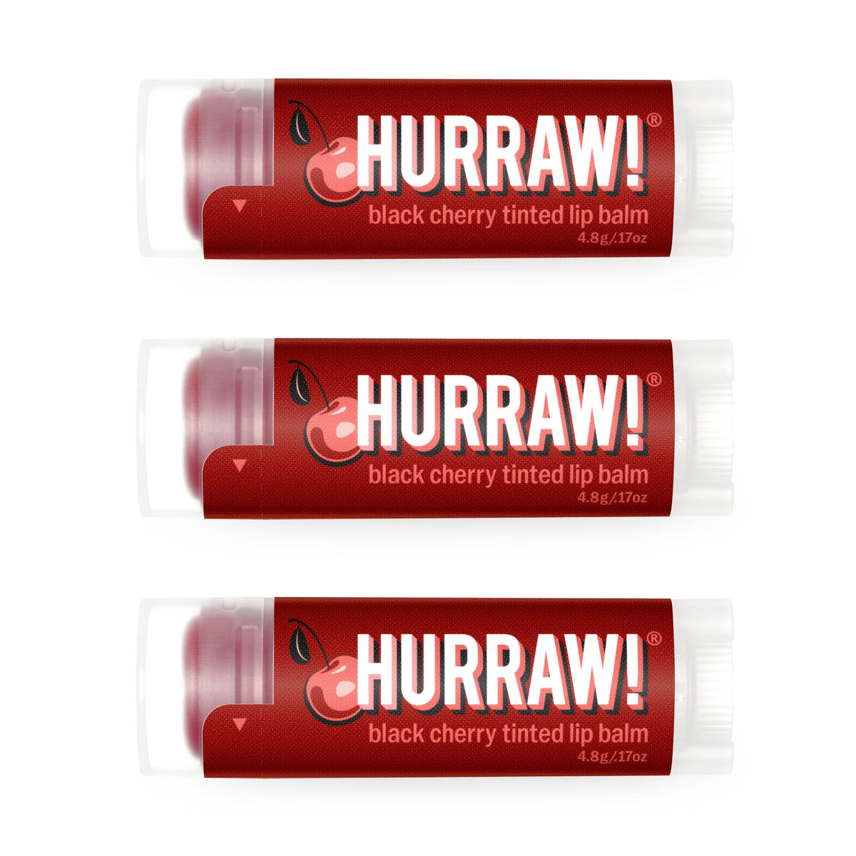 HURRAW! front packaging showing three black cherry tinted lip balms in pillow box for easy gifting