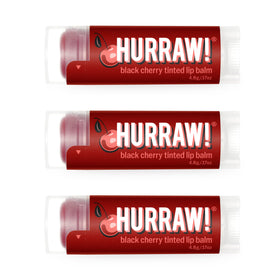 HURRAW! front packaging showing three black cherry tinted lip balms in pillow box for easy gifting