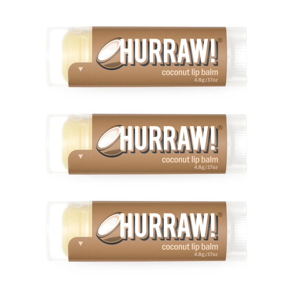 Hurraw! coconut front packaging showing three tubes and pillow box for gifting