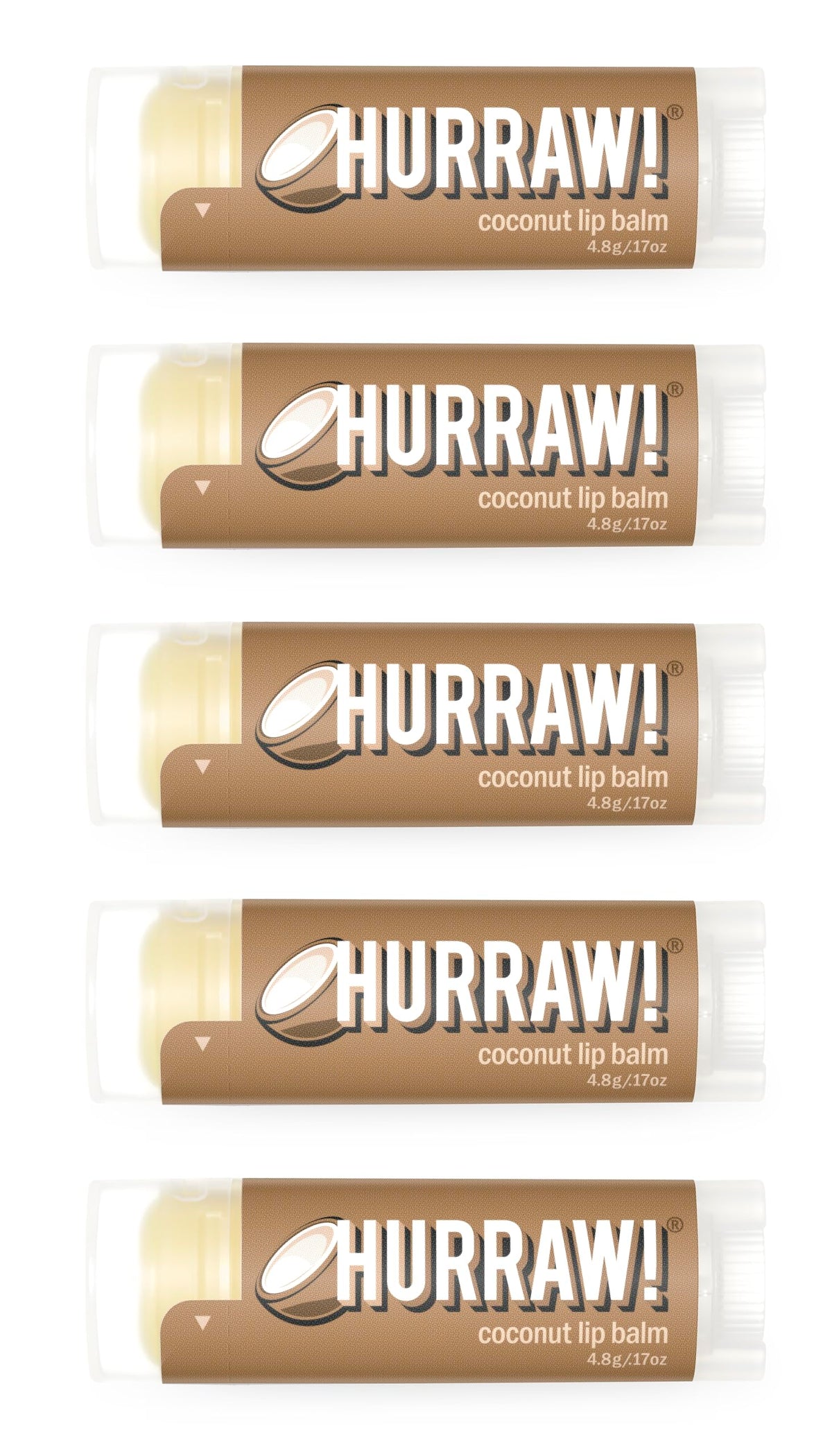 Hurraw! front packaging showing five coconut lip balm tubes and box benefit fresh set