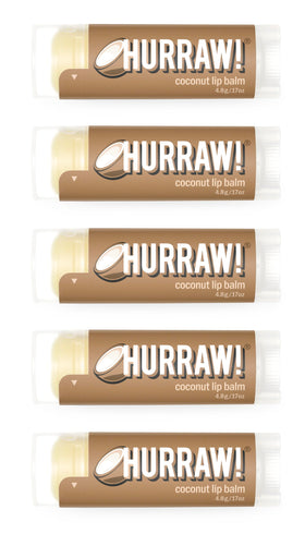 Hurraw! front packaging showing five coconut lip balm tubes and box benefit fresh set