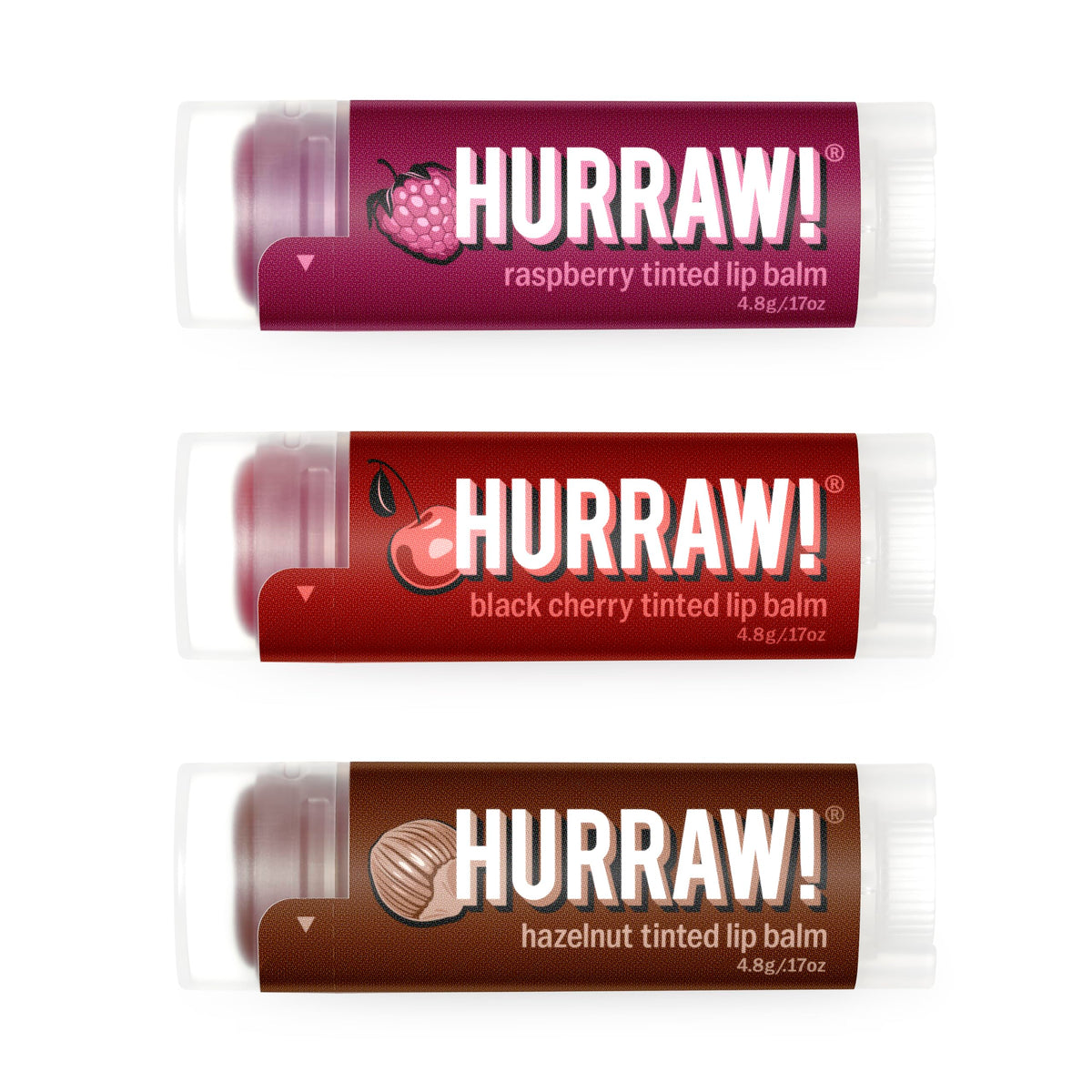 HURRAW! pillow box with three tinted balms, gift-ready convenience