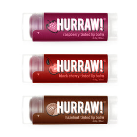 HURRAW! pillow box with three tinted balms, gift-ready convenience