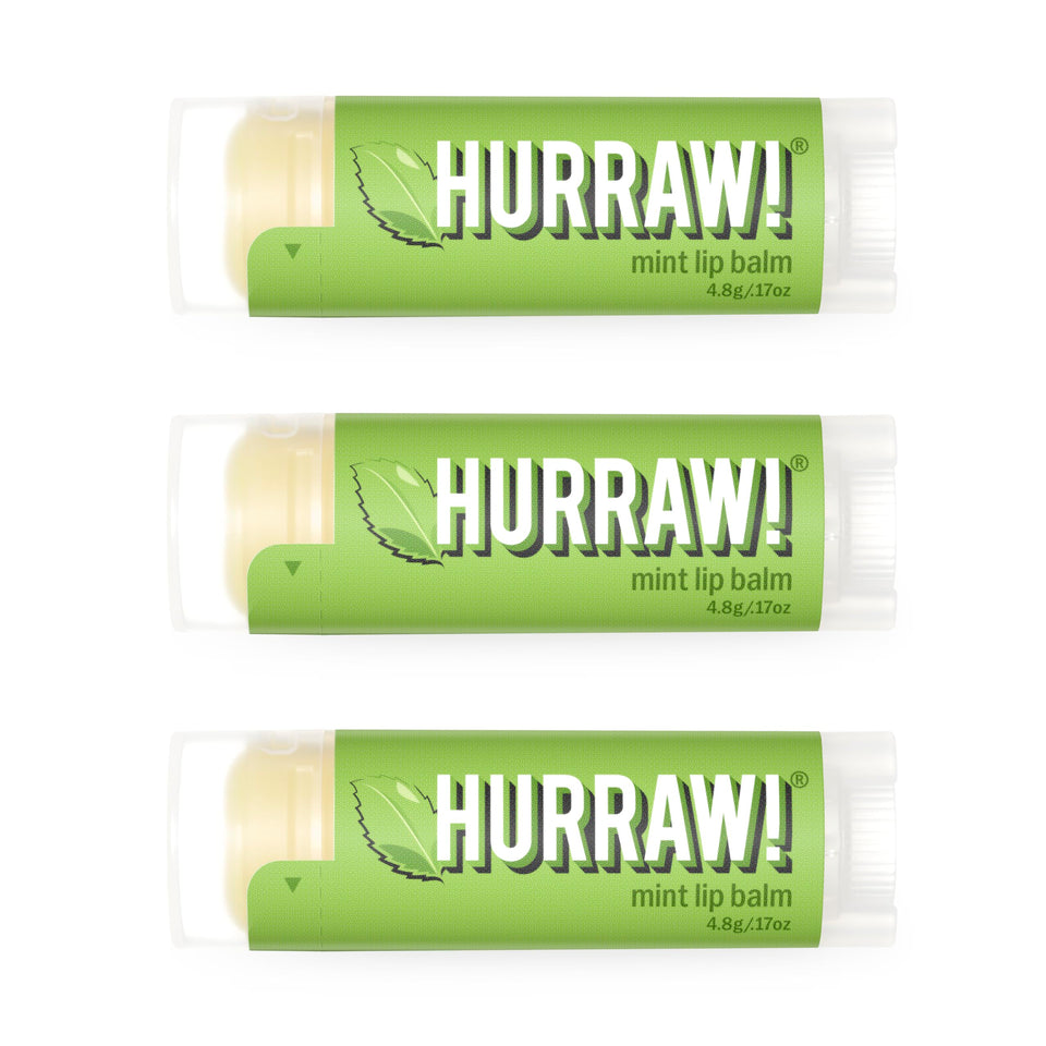 Hurraw! front packaging showing three mint balm tubes and benefit of travel-ready convenience