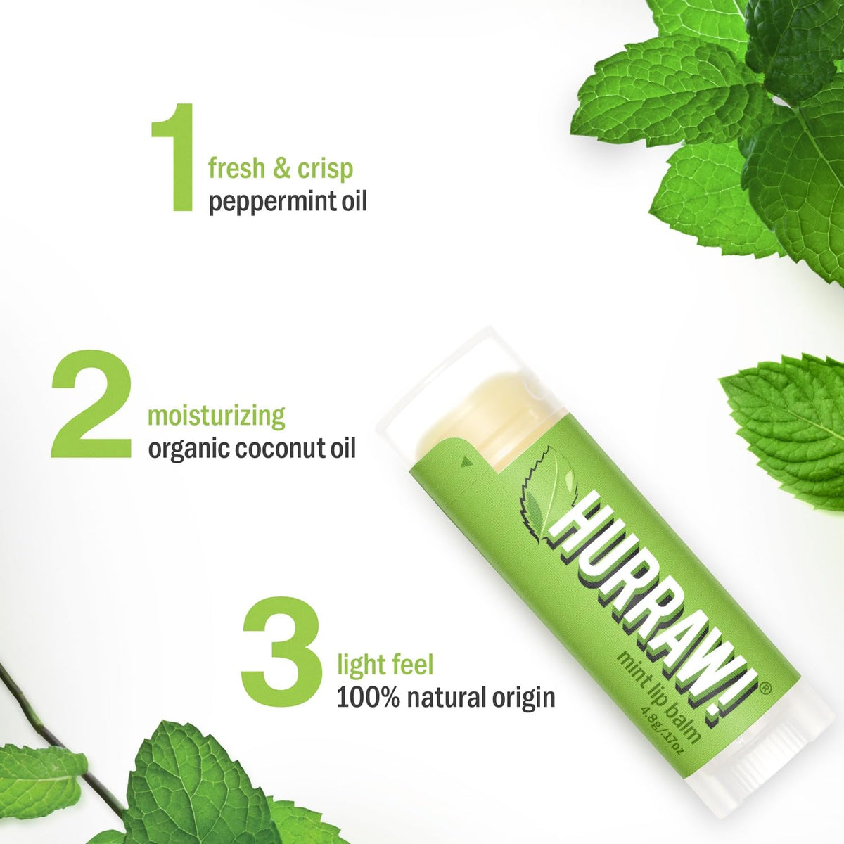 Hurraw! mint tube close-up highlighting smooth texture and easy glide benefit