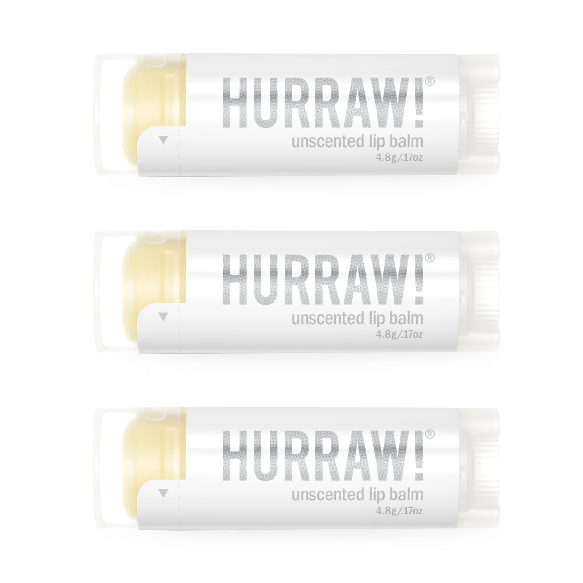 HURRAW! front packaging showing unscented lip balm trio and neutral design benefit: clear, simple choice