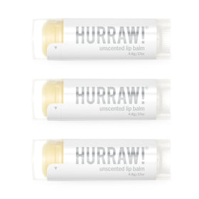 HURRAW! front packaging showing unscented lip balm trio and neutral design benefit: clear, simple choice