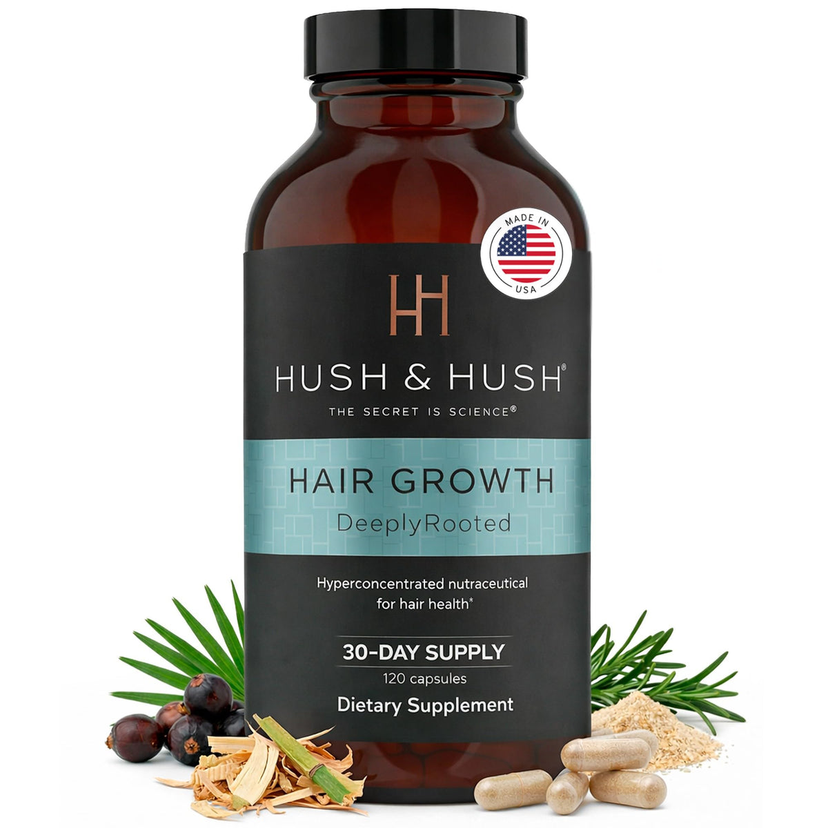 Hush & Hush front packaging showing product and benefit of fuller hair