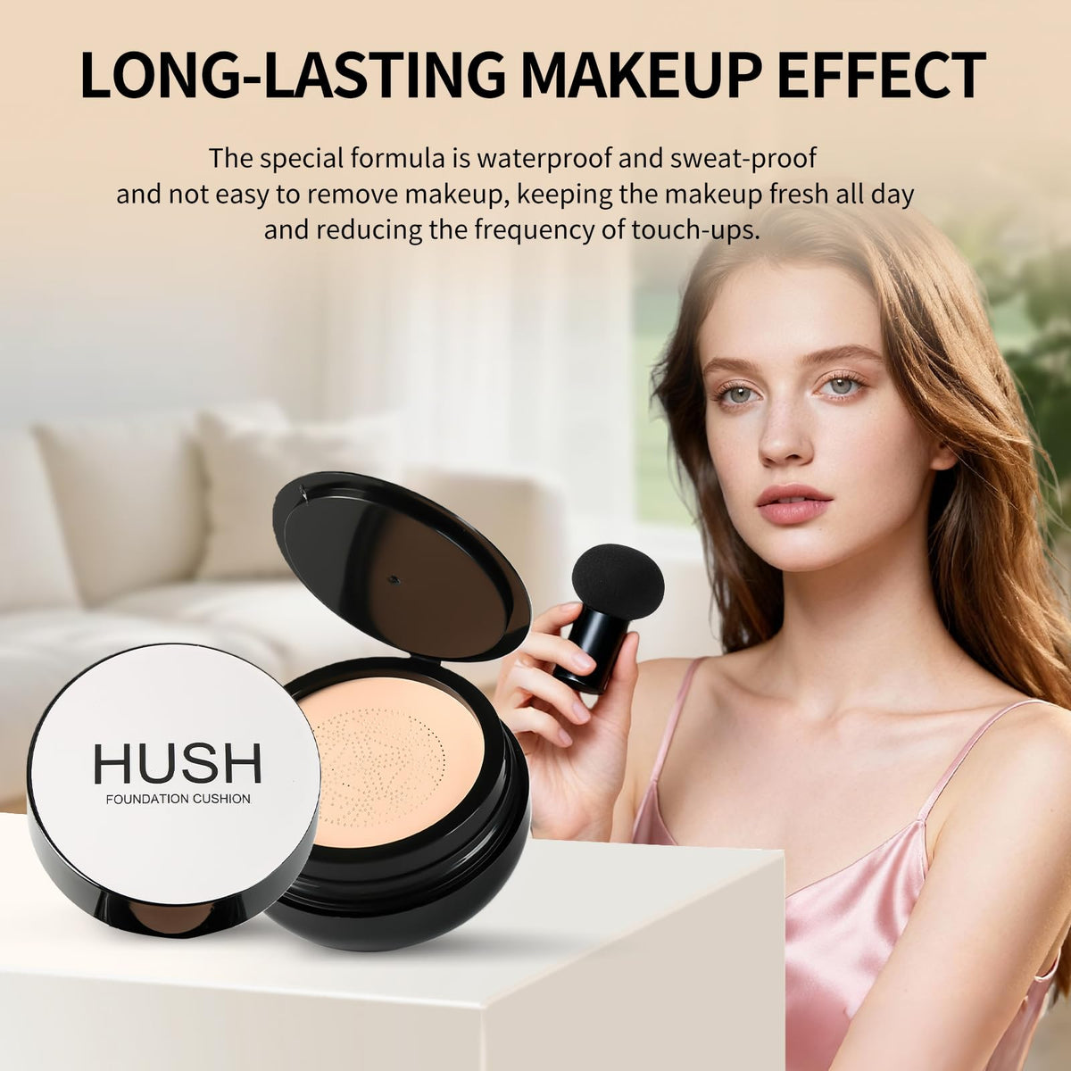 HUSH Beauty compact open with product spread showing even coverage benefit