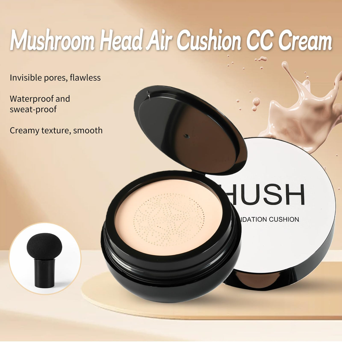 HUSH Beauty mushroom puff close-up demonstrating soft applicator for smooth finish