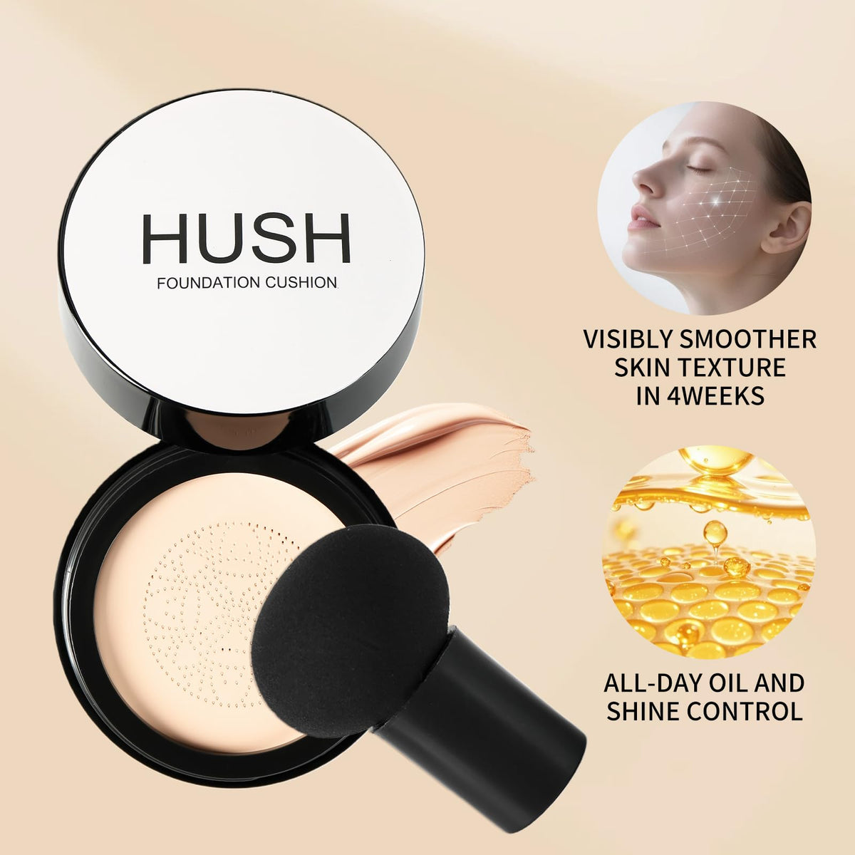 HUSH Beauty creamy cushion texture swirled on hand showing blendable hydration