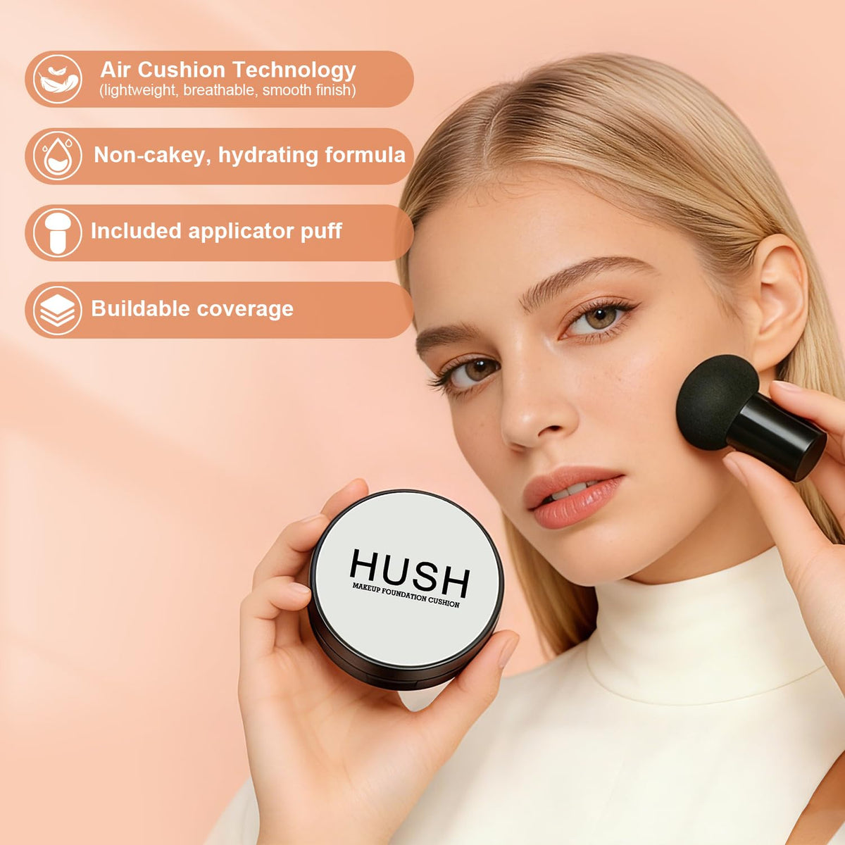 Hush Makeup Foundation mushroom puff close-up for even, streak-free application benefit