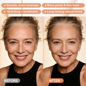 Hush Makeup Foundation next to hand showing size and travel-friendly convenience benefit
