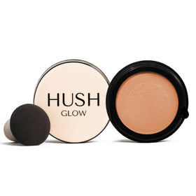 Hush Glow compact front view showing sleek packaging and shade label