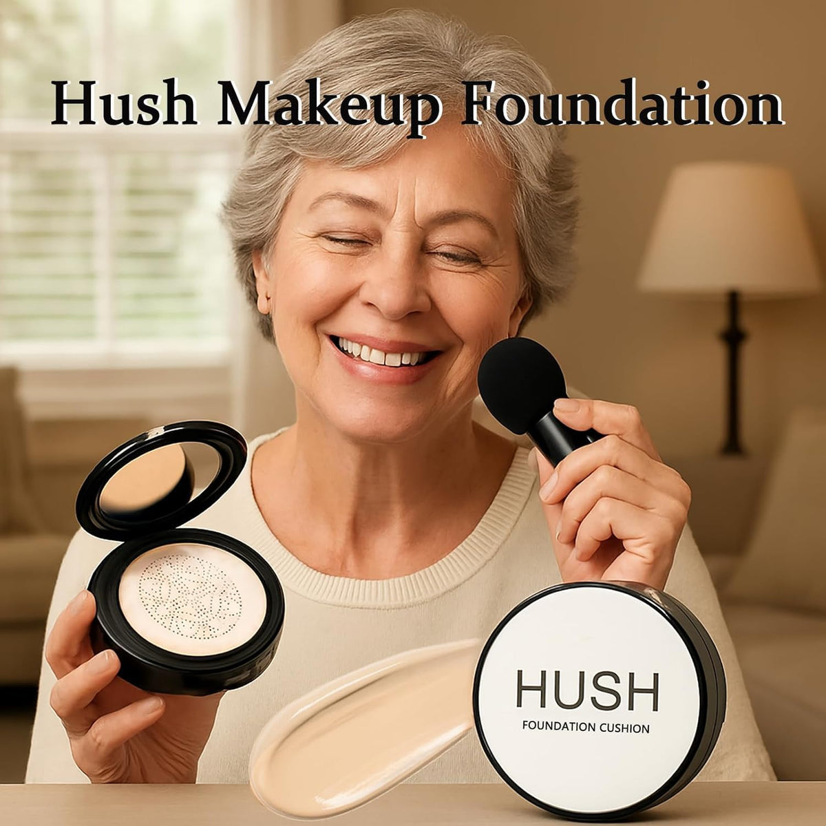 Hush Makeup mushroom puff close-up demonstrating soft even application