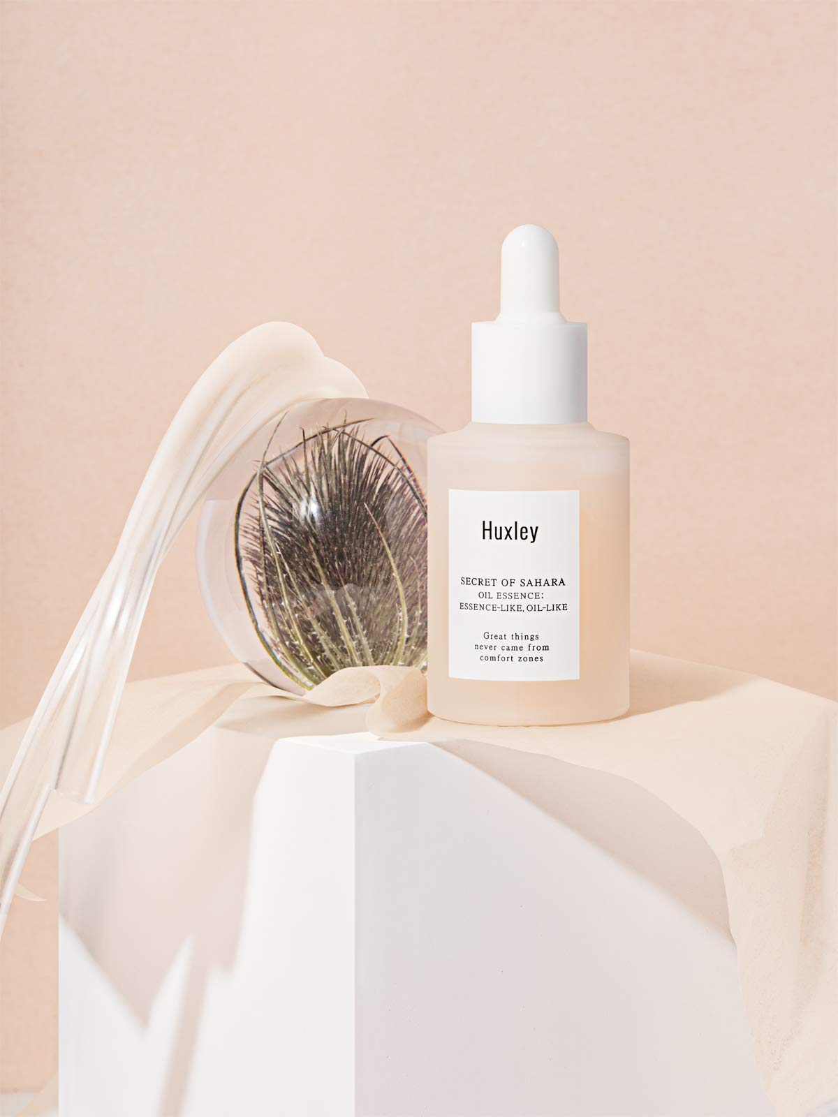 Huxley close-up of label and ingredients list, clarifies prickly pear seed oil content