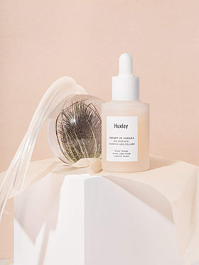 Huxley close-up of label and ingredients list, clarifies prickly pear seed oil content