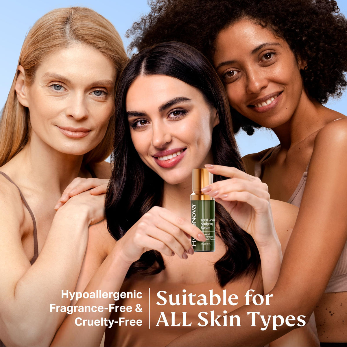 HYDRONOVA comparative skin swatches displaying improved texture and radiance