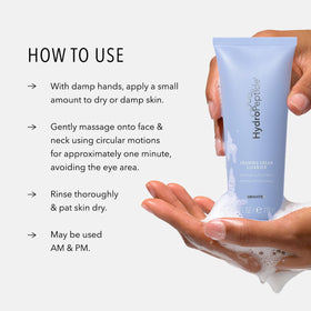 HydroPeptide cleanser size comparison next to hand showing compact 4 ounce convenient benefit