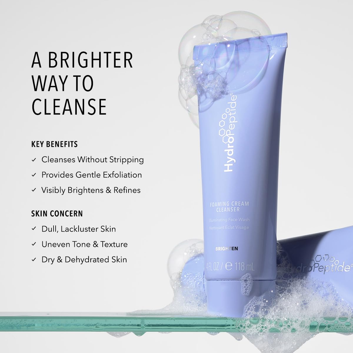 HydroPeptide cream cleanser texture close-up highlighting gentle exfoliating rice powder benefit