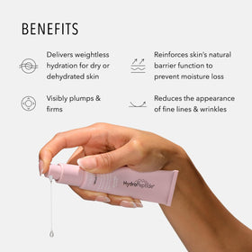 HydroPeptide clear serum drop on fingertip showing lightweight absorbent texture