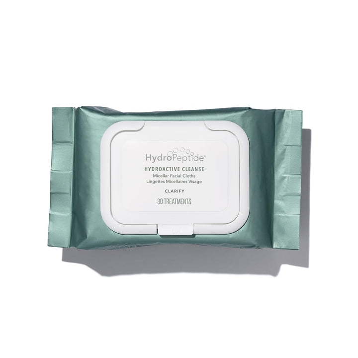 HydroPeptide pack front view showing 30 cloths and clean design for convenience